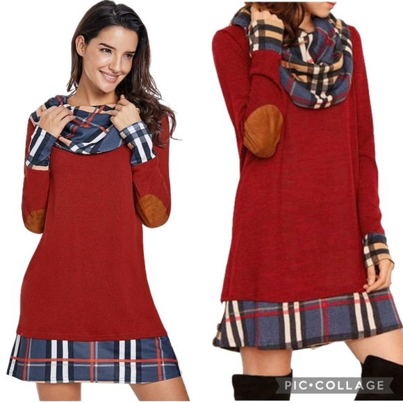 Alaster Queen Brushed Red & Plaid Contrast Cowl Neck Elbow Patch Sweater Dress - Picture 3 of 16